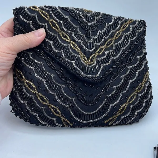 Vintage Y2K satin beaded black clutch. Snap front - Image 2