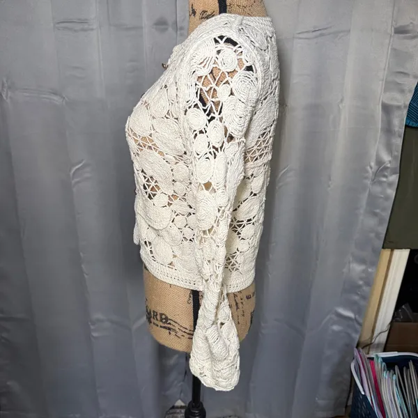 Ivory Cardigan Women XS Cream Crochet Button Front Boho Sweater Cottagecore‎ - Image 8