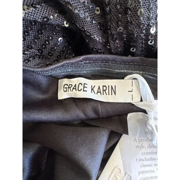 Grace Karin Black Sequin One Shoulder Maxi Dress Ruched Formal Gown Size L - Image 5