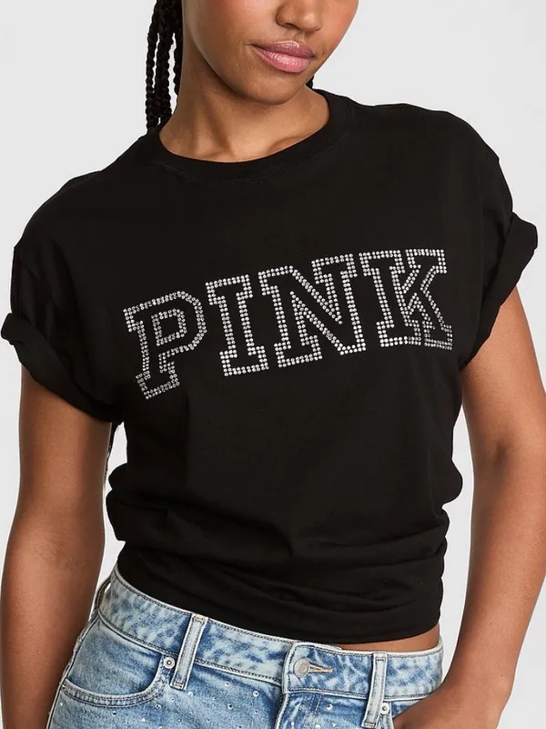 PINK Victoria's Secret Black Bling Diamanté Logo Campus Tee & Fleece Shorts L - Image 3