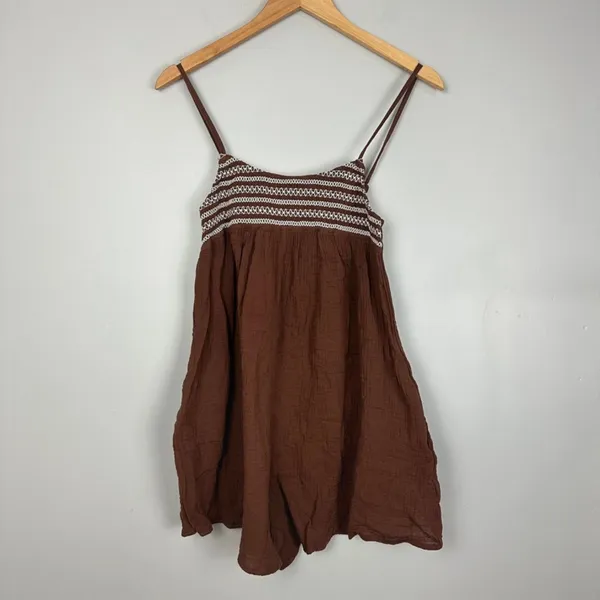 Cupshe Brown Gauze Square Neck Flared Leg Short Romper S NWT Boho Vacation - Image 3
