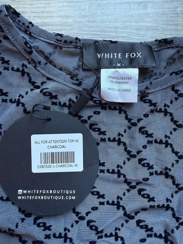 NWT White Fox All For Attention Monogram Sheer Short Sleeves Charcoal Top Size M - Image 3