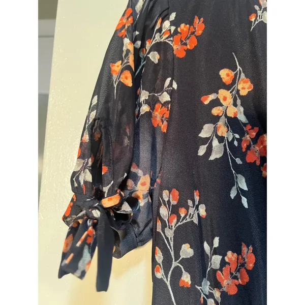 Ember Women's Size Medium Midi Dress Black Orange Floral V-Neck Short Sleeve - Image 8
