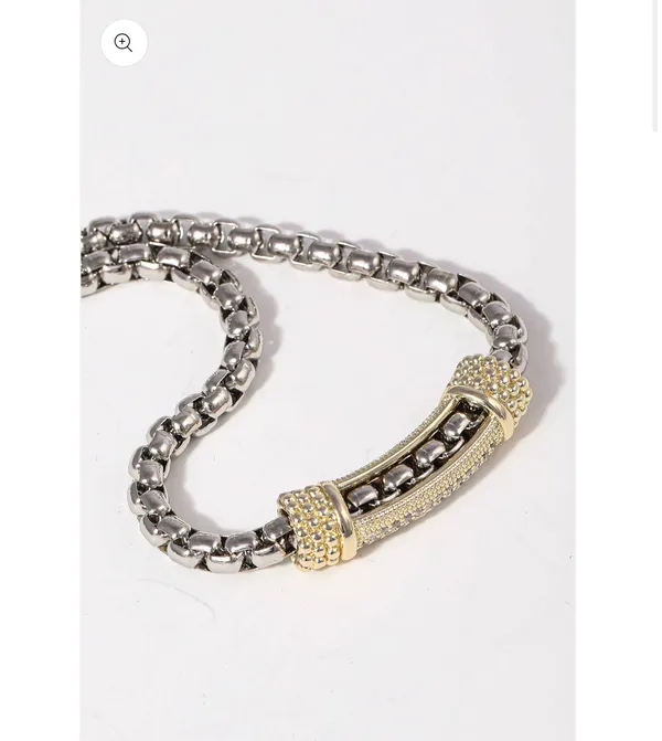 Box Chain Design Two Tone Bar Necklace Silver - Image 3