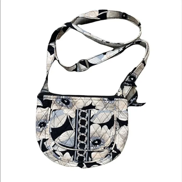 Vera Bradley Retired Camillia Saddle Crossbody Bag Purse Black Grey Floral - Image 2