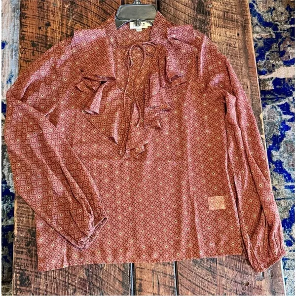Molly Bracken western long sleeve sheer tie neck high neck ruffle blouse small - Image 7