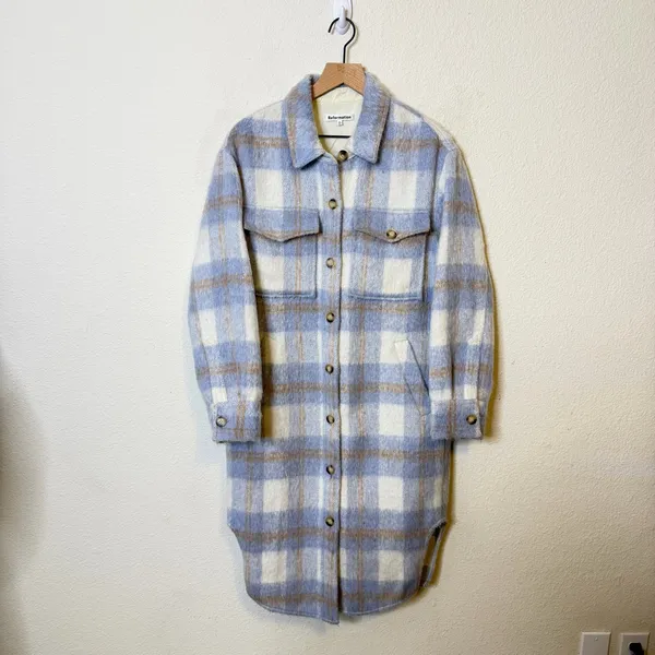 Reformation Ainslie Blue Plaid Wool Shacket Coat Button Front‎ Womens Size S - Image 5