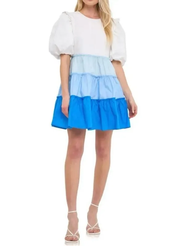 English Factory Colorblock Tiered Ruffled Mini Dress M Blue White Ombre Ruffle - Image 3