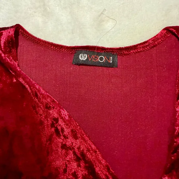 Burgundy Crushed Velvet Long Sleeve Faux‎ Wrap Dress - Image 7