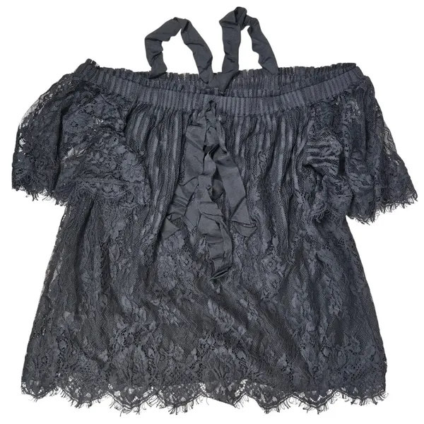 Chelsea 28 Black Lace Off Shoulder Crisscross Neck Ruffle Blouse‎ Top S - Image 4