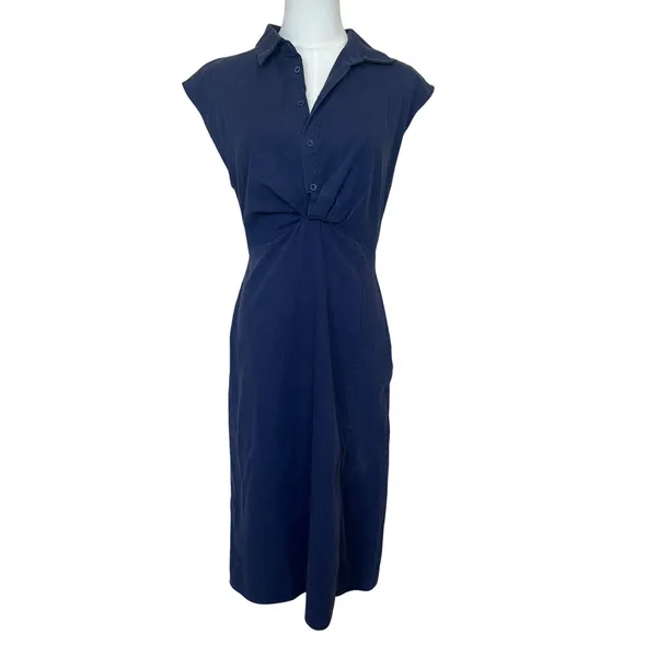 Area Stars Blue Midi Shirt Dress SMALL Career Work Linen Cotton Designer $150 - Image 2