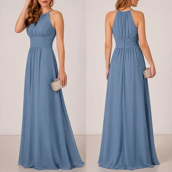 Azazie Bonnie Bridesmaid‎ Dress A16 Steel Blue Halter A-Line Floor-Length Maxi - Image 2