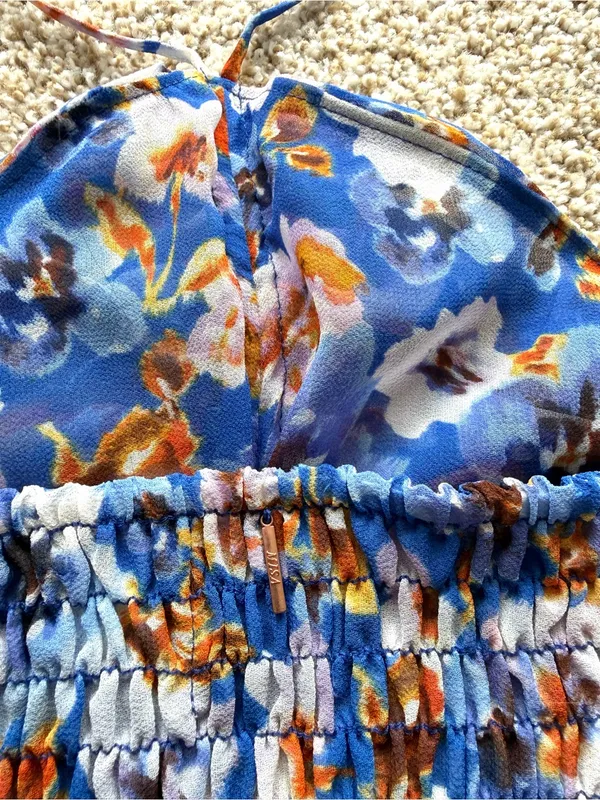 Misa Los Angeles Blue Pansy Selmin Top Blue Floral Halter Crop Top Sz Large - Image 11