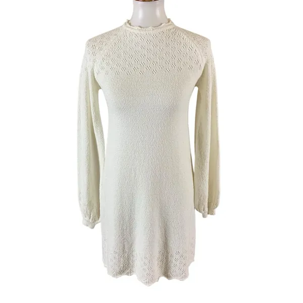 Rumored Ivory Knit Long Sleeve Dress Medium Cottagecore Romantic Pullover Mini - Image 2
