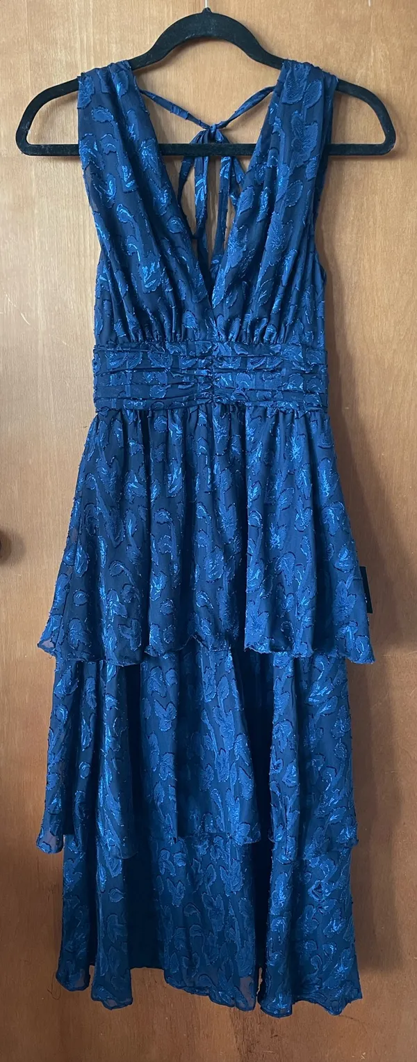 Lulus Make It Mesmerizing Navy Blue Jacquard Tiered Midi Dress - Image 3