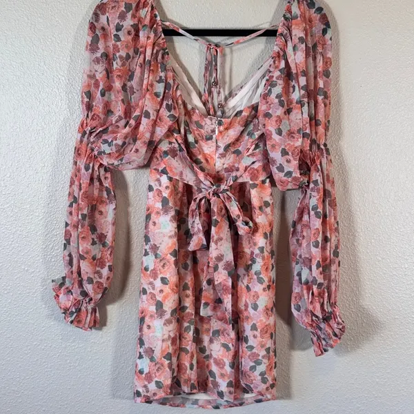 Lena Pink Orange Floral Boho Mini Dress Womens M Balloon Sleeve Spring Baddie - Image 12