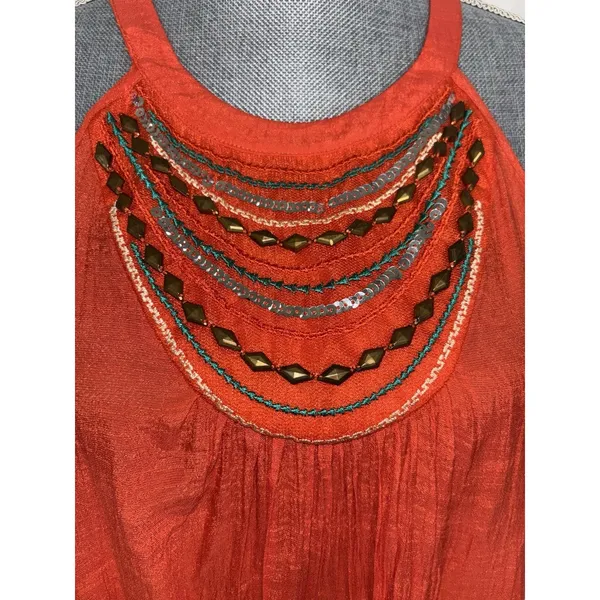 Iz Byer Orange Flowy Beaded Sequin Sleeveless Top Boho Hippie Festival Large - Image 4