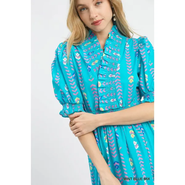 Umgee Vibrant Ruffle Smocked Midi Dress -‎ Mint Blue Mix - Small - Image 3