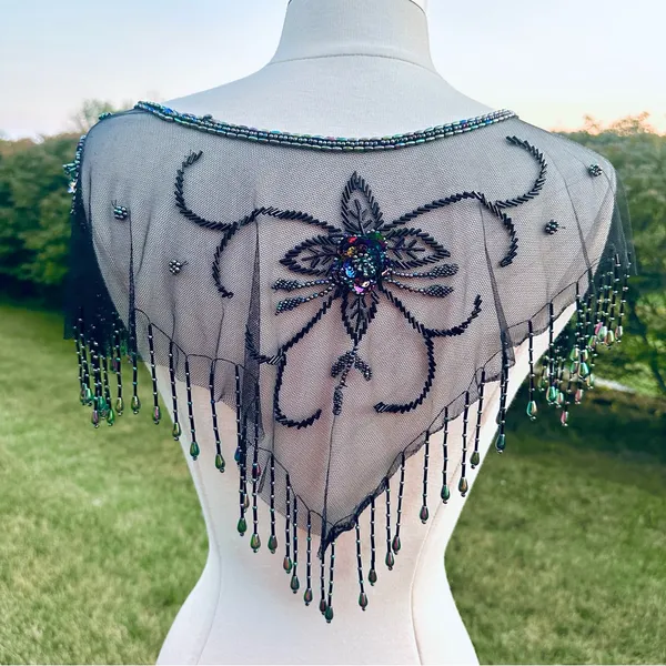 Vintage Beaded Black Mesh Caplet Collar Scarf with Fringe & Sequins - Image 4