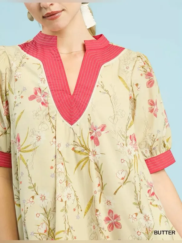 New!Umgee Plus Size Cotton Lined Butter Floral Puff Sleeve Dress Pink Size XL - Image 6
