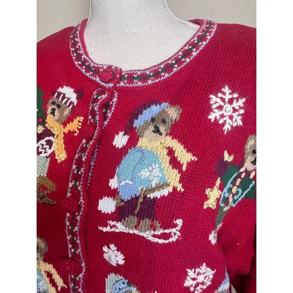 Vintage Heirloom Collectibles Christmas Teddy Bear Cardigan Red XL 1999 Holiday - Image 4