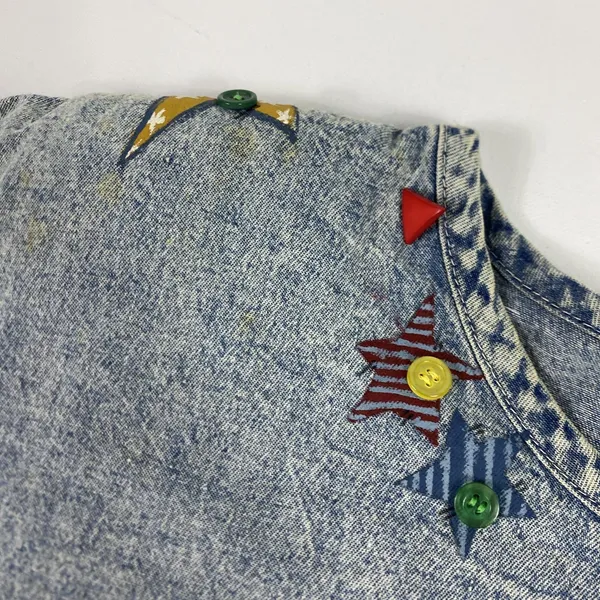 Vintage Angel Stars Denim Shirt Womens Large Blue‎ Applique Buttons 90s - Image 6