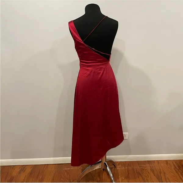 Lulus Sereno Wine Satin Cowl Neck Asymmetrical Midi Dress Small S - Image 6