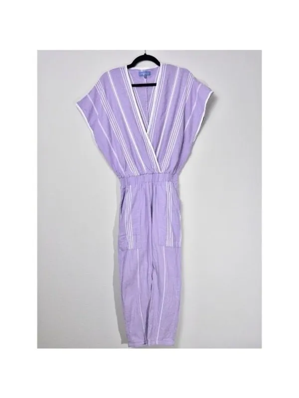 Paradised Merri Wrap Effect Stripe Jumpsuit XS Purple Beach Coverup Cotton - Image 5