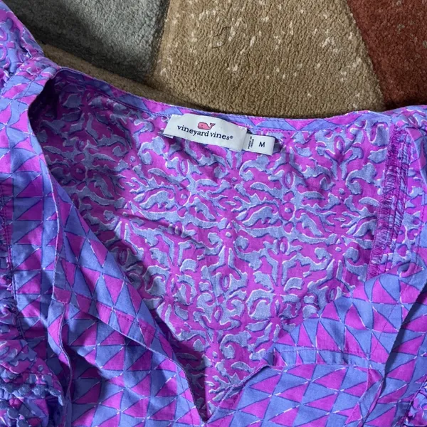 Vineyard Vines Boho Ruffle Tassel Top Women M Purple Blue Geometric Pom Pom Trim - Image 4