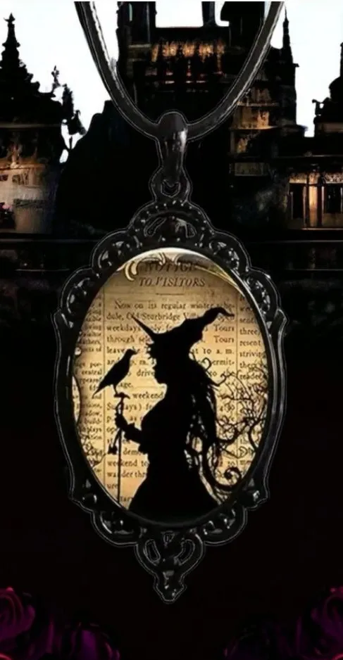Witch And Raven Cameo Black Pendant, Vintage Style Gothic‎ Crow Glass Pedant - Image 2