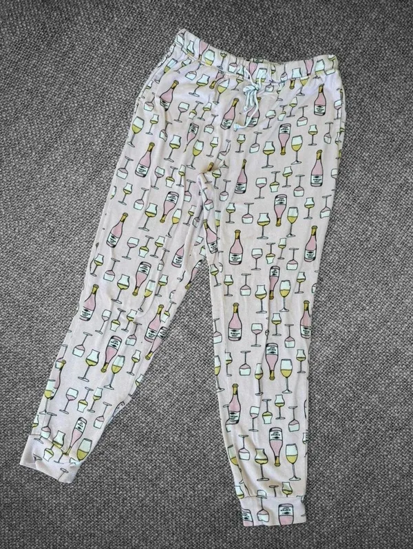 Pink Wine Print Pajama Jogger Pants Size M - Image 3