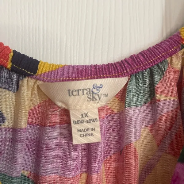 😇Terra & Sky Boho Multicolored Puff Sleeves Babydoll Top, Size 1X (16W-18W) - Image 3