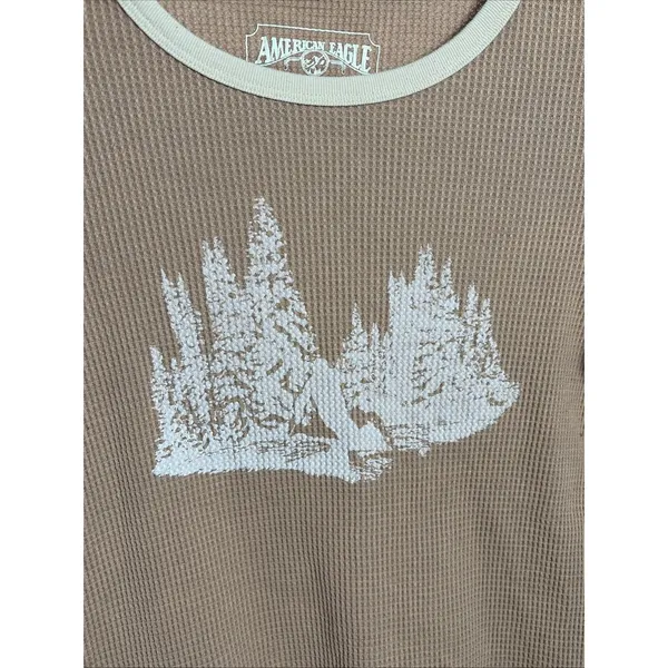 American Eagle Waffle Knit Graphic Thermal Womens‎ Size S Tan Forest Y2K Cotton - Image 3