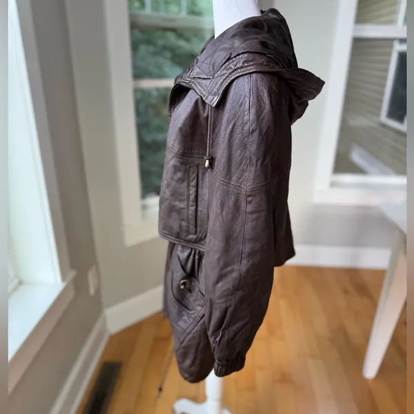 Vintage GIII Brown Genuine Leather Jacket Hooded Anorak Trench Coat Sz Small - Image 2
