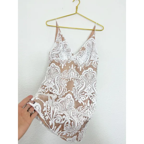 Free People Lace Night Shimmers Mini Dress Size 4 White Sequin Ivory Bridal - Image 11