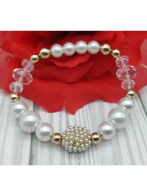Faux Pearl Crystal Stretch Bracelets Lot of 2 Gold Tone Rhinestone Bridal - Image 7