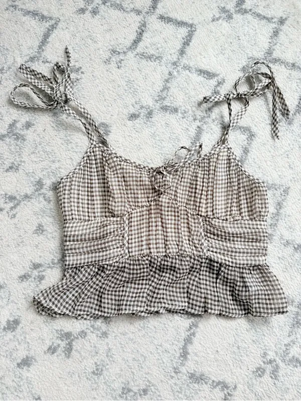 American Eagle Outfitters Brown and White Gingham Tie-Shoulder Crop Top - Image 2