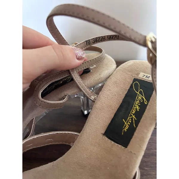 Johnathan Kayne Tan AB Crystal Lucite Kitten Heel Strappy Sandals 34228 7M - Image 5