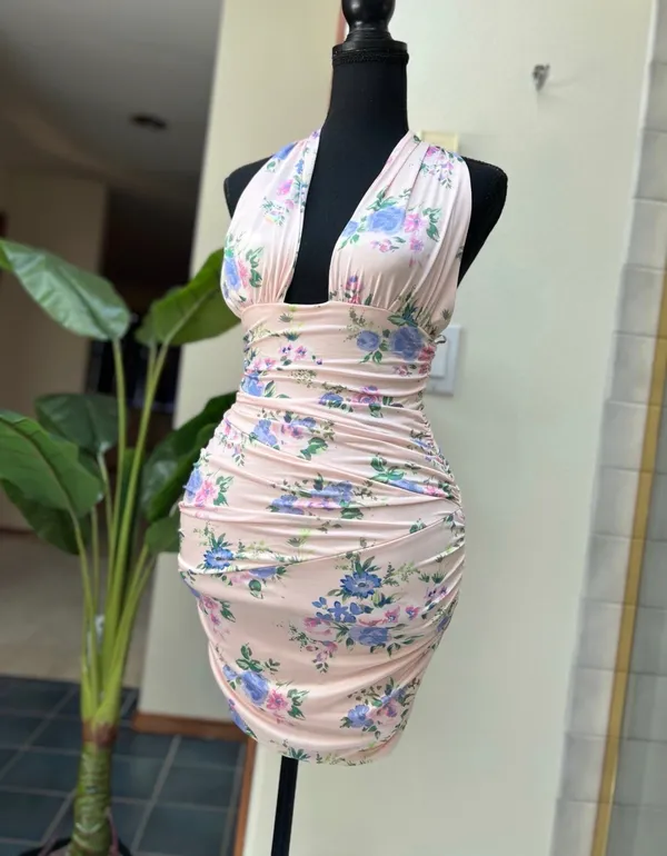 ZARA Pink Floral Halter Mini Dress - Image 4