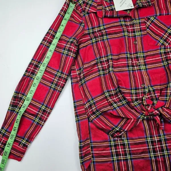 Hippie Rose -658 NWT Red Black Plaid Long Sleeve‎ Front Knot Button Down Shirt S - Image 7
