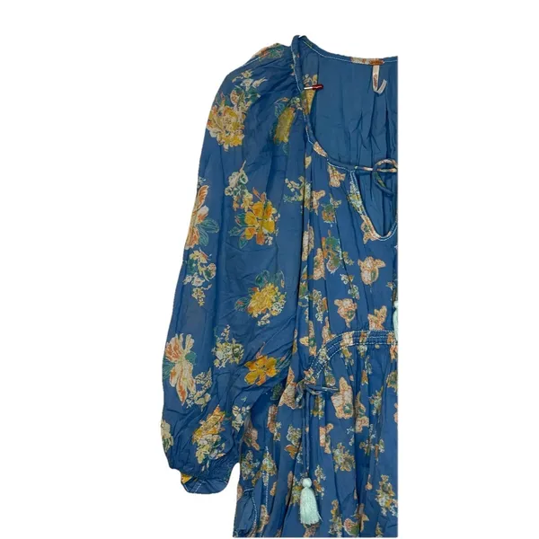 Free People Women's Dress Peasant Floral Tassel 3/4 Sleeve Cotton‎ Blue Medium - Image 3