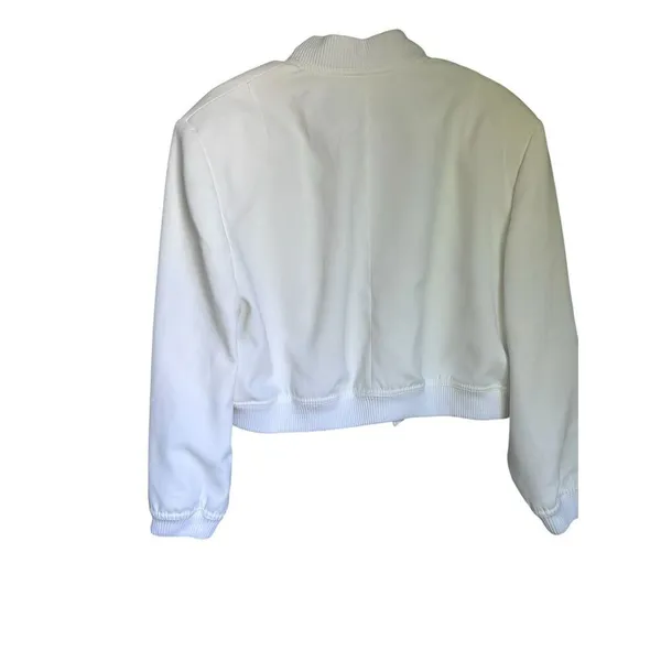 Zara Cream Linen Blend Snap Button Mock Neck Cropped Bomber Varsity Jacket L - Image 4