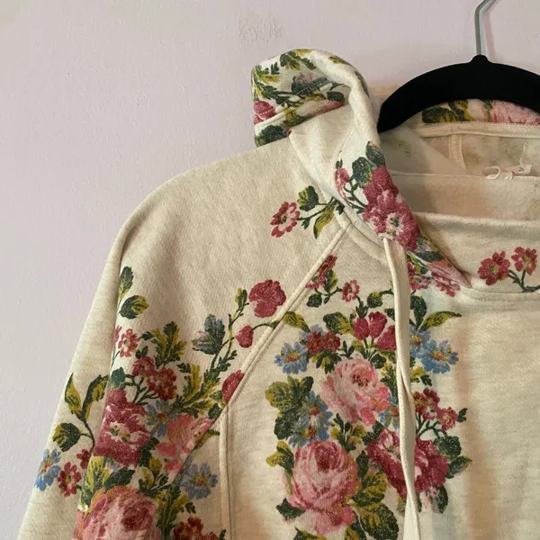 Daily Practice Anthropologie Cream Floral Hoodie Sweatshirt Loungewear Small - Image 3