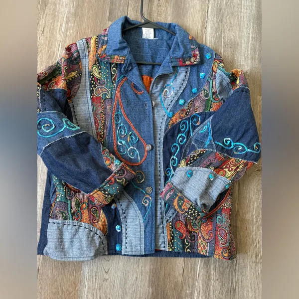 Vtg Parsley & Sage Botanical Floral Embroidered Button Up Denim Jacket Patchwork - Image 6