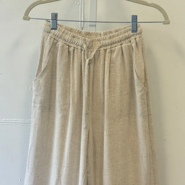 HERSY Beige Linen Blend Wide Leg Drawstring Pants HSET0008 Small Summer Relaxed - Image 3