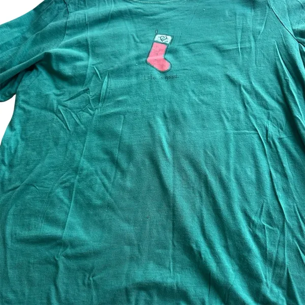 Life Is Good T Shirt Top Large Christmas‎ Stocking Green LS Heart Holiday Party - Image 3