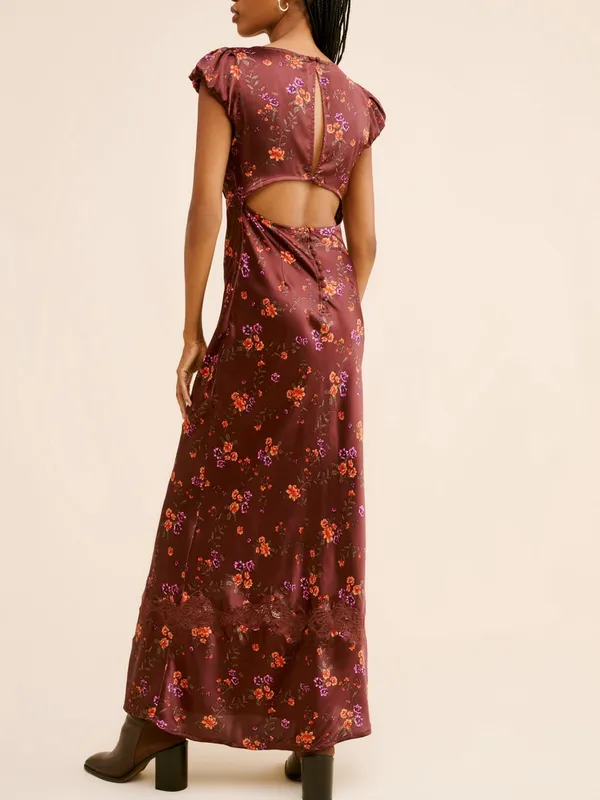 Free People Butterfly Babe Burgundy Floral Satin Lace-Trim Maxi Dress - Image 2