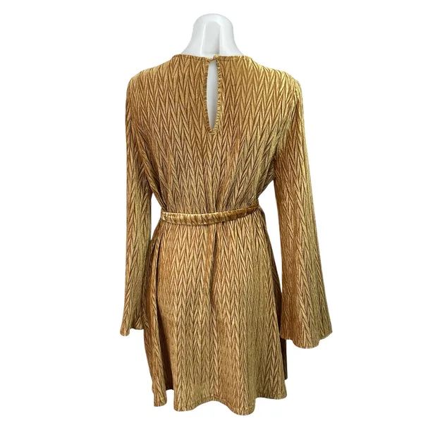 NEW Dress Forum Gold Velvet Velour Chevron Long Sleeve Tie A Line Mini Dress M - Image 3