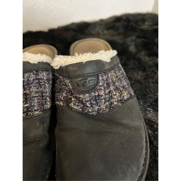 UGG Australia Opaline Black Leather Purple Black Tweed Clog Mule Shoes Size 9 - Image 4