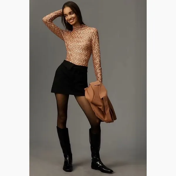 NWT!! Anthropologie PILCRO Turtleneck Sequin Top Shirt Bronze Party Glam X-Small - Image 4